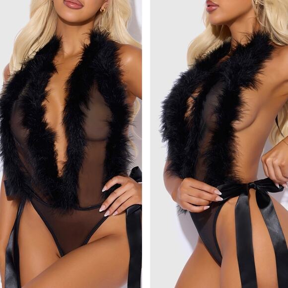 House of Desire Marilyn Marabou & Mesh Teddy Black Feather Bodysuit Medium NEW - Picture 13 of 13
